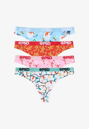 Vier paar damesondergoed met diverse vakantie-thema patronen, vervaardigd uit katoen en met elastische tailles in verschillende kleuren.