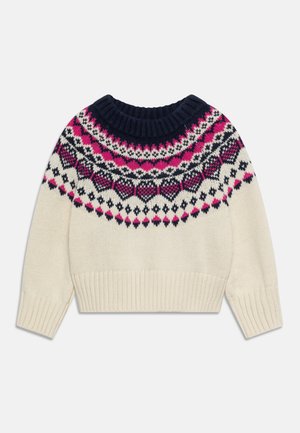Cremefarbener Strickpullover mit marineblauen, pinkfarbenen und weißen geometrischen Mustern rund um das Joch sowie mit geripptem Kragen, Bündchen und Saum.