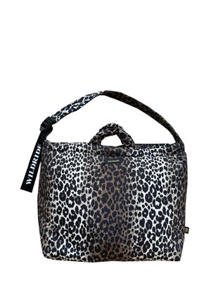 Leopard print shoulder bag with top handles and adjustable strap featuring a black tag labeled "WILDRIDE" in white text.