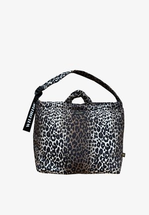 Leopard print shoulder bag with top handles and adjustable strap featuring a black tag labeled "WILDRIDE" in white text.