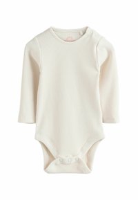 Kremowy bodysuit dla niemowląt z długimi rękawami, prążkowaną teksturą, okrągłym dekoltem oraz zapięciem na napy z przodu dla łatwego ubierania.