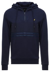 Felpa blu navy con zip a metà, cordini, due strisce in satin orizzontali sul petto e piccolo logo a forma di ala gialla sul lato sinistro.