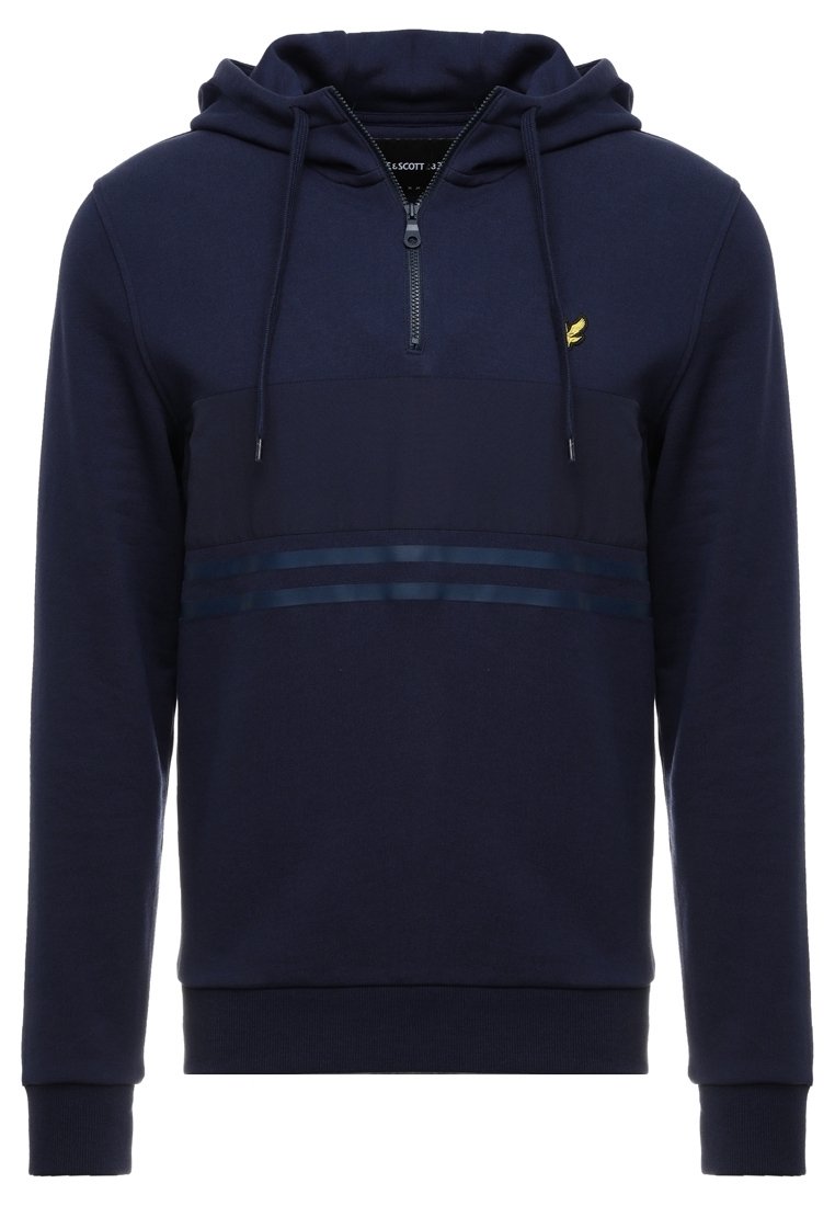 Felpa blu navy con zip a metà, cordini, due strisce in satin orizzontali sul petto e piccolo logo a forma di ala gialla sul lato sinistro.