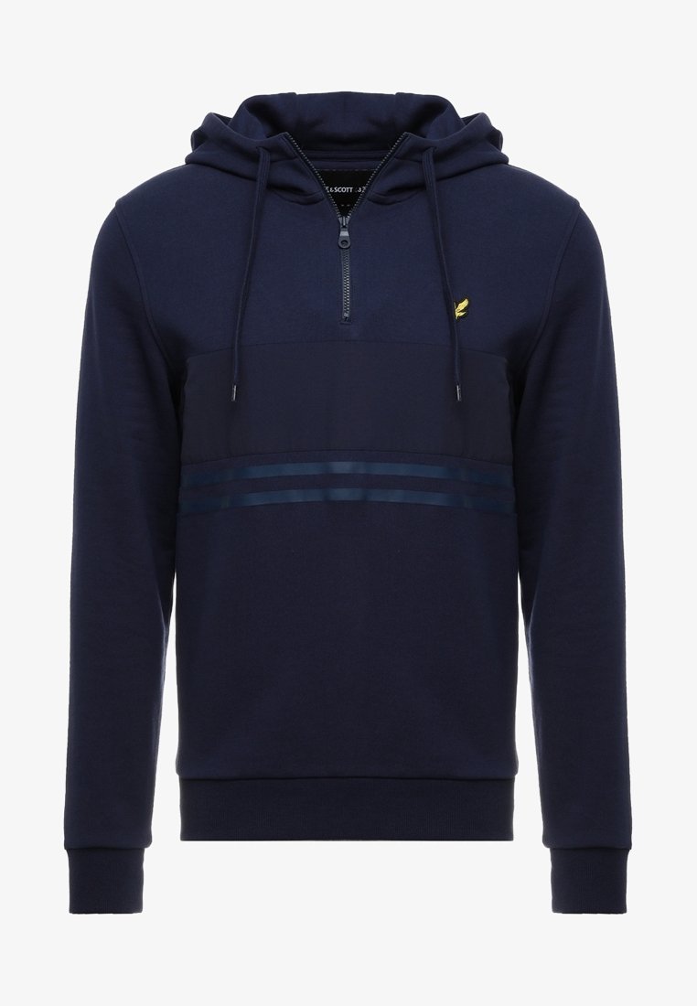 Felpa blu navy con zip a metà, cordini, due strisce in satin orizzontali sul petto e piccolo logo a forma di ala gialla sul lato sinistro.