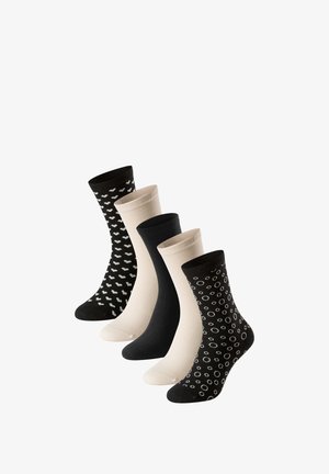 Vijf paar sokken: drie effen kleuren (zwart, beige) en twee met een patroon (zwart met kleine hartjes, zwart met cirkels). Katoenmengsel.
