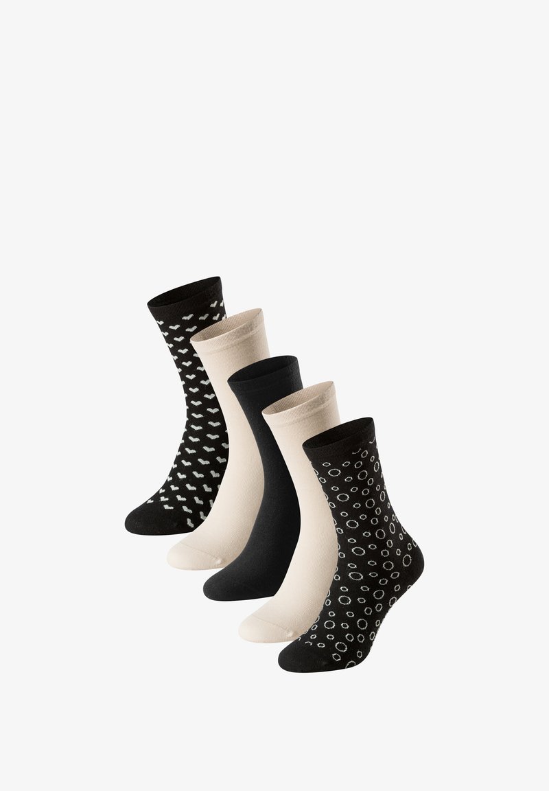 Cinq paires de chaussettes : trois couleurs unies (noir, beige) et deux motifs (noir avec de petits cœurs, noir avec des cercles). Matériau en mélange de coton.