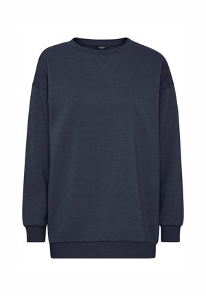 Tumedast sinine pullover-sweater pehmest kangast, millel on ümar kaelus, pikad varrukad ja soonikkoes varrukastel ning alumisel äärel. Lihtne disain, ilma mustriteta.