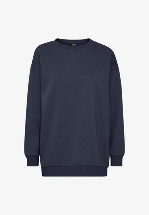 Marineblauwe pullovertrui gemaakt van zachte stof, met een ronde halslijn, lange mouwen en ribgebreide manchetten en zoom. Eenvoudig ontwerp, geen patronen.