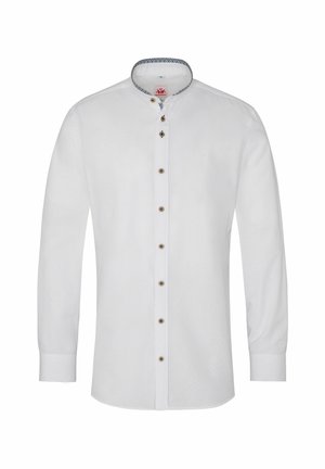 Witte lange mouw overhemd met een mandarin kraag, voorzien van bruine knoopsluitingen en een patroonaccent voering binnen de kraag.