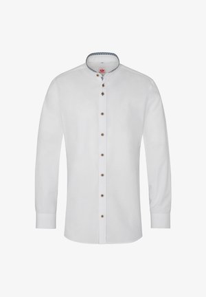 Weißes Langarmhemd mit Stehkragen, ausgestattet mit braunen Knopfverschlüssen und einer gemusterten Akzentinnenverkleidung im Kragen.