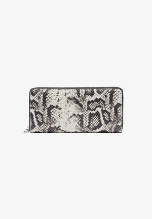 Zippered wallet in black and white faux python print, featuring a textured surface with a smooth finish and logo detail on the front.