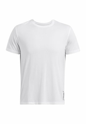 White short-sleeve t-shirt in a lightweight, textured fabric with a round neckline and a small logo detail on the bottom right side.