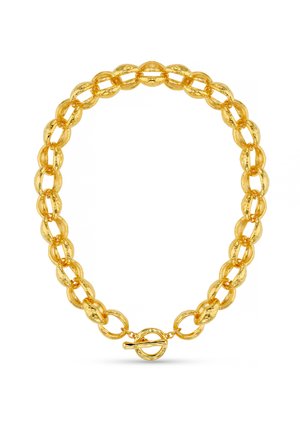 Collana in oro con link ovali texturizzati e chiusura a toggles. Ogni link presenta una finitura martellata per una qualità riflettente.
