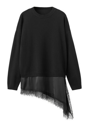 Čierny sveter s dlhým rukávom a okrúhlym výstrihom, s asymetrickou priehľadnou látkou a čipkovaným lemom na jednej strane.
