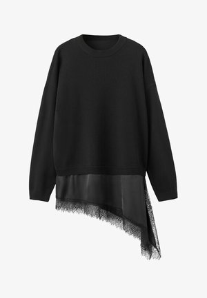 Suéter negro de manga larga con cuello redondo, que presenta tela transparente asimétrica y dobladillo con encaje en un lado.