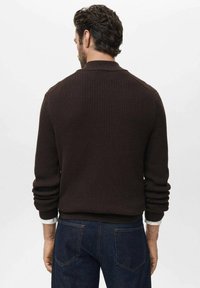 Bruine geribde trui met hoge kraag, textuurstof en omgeslagen mouwmanchetten, gedragen over donkere jeans. De achterkant toont de pasvorm en het ontwerp.