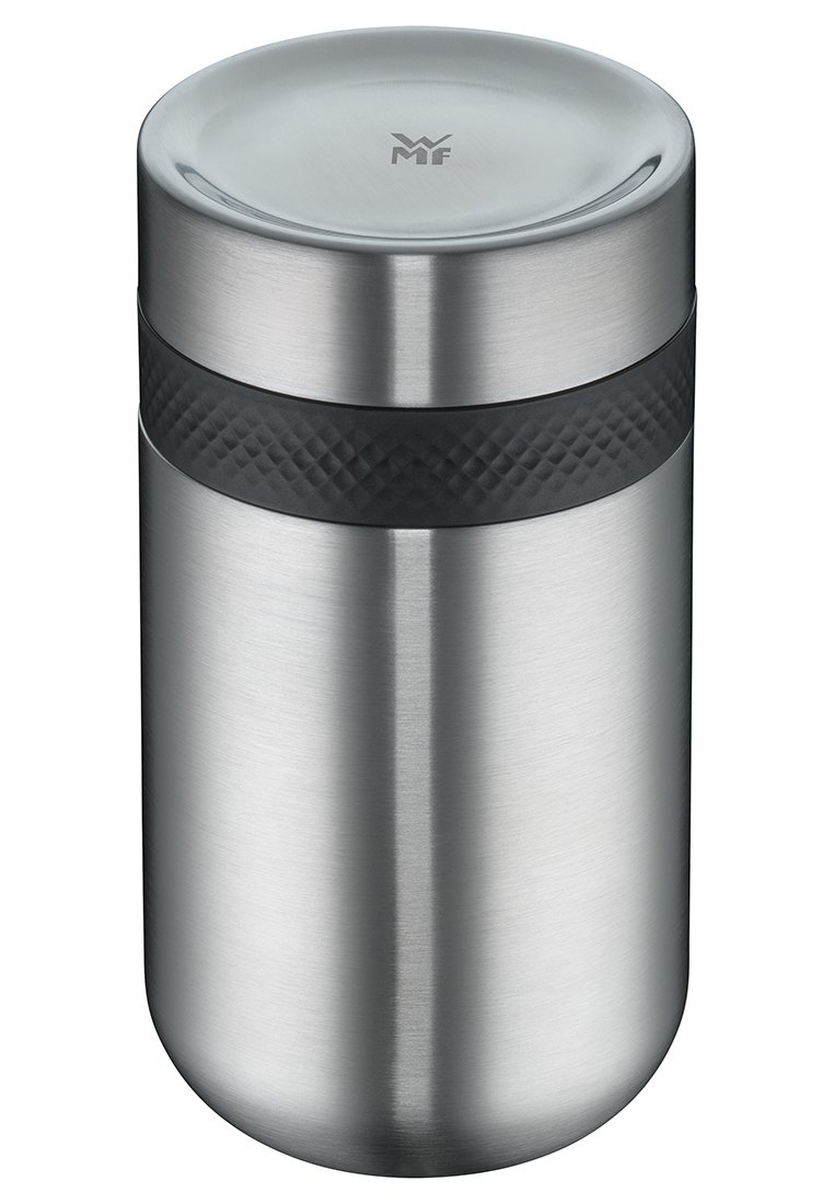 Pojemnik ze stali nierdzewnej o gładkim, metalicznym wykończeniu, czarny, teksturowany pas w pobliżu środka oraz płaska pokrywka z logo.