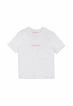 White cotton short-sleeve t-shirt featuring a pink "Juicy Couture SPORT" logo printed on the chest. Classic crew neck design.