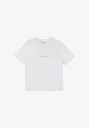 Biała bawełniana koszulka z krótkim rękawem z różowym nadrukiem logo "Juicy Couture SPORT" na klatce piersiowej. Klasyczny krój z okrągłym dekoltem.