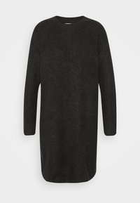 Robe en maille noire à manches longues avec un col arrondi et un motif texturé en chevrons. Coupe décontractée, longueur au genou, matière lisse semblable à de la laine.