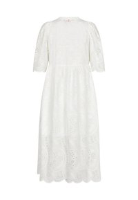 Robe midi blanche avec ourlet festonné, manches mi-longues et motifs floraux et cachemire ajourés complexes.