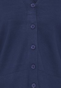 Tamsiai mėlynas megztinis su V formos iškirpte, pagamintas iš gofraus audinio. Priekyje yra šeši apvalūs purpuriniai mygtukai ir lygus paviršius.