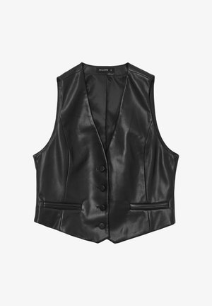 Gilet di pelle nera con scollatura a V, quattro bottoni sul davanti e due tasche frontali. Texture liscia con un design aderente.