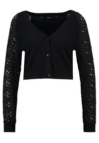Czarny krótki kardigan z dekoltem w serek, z długimi koronkowymi rękawami i zapięciem na guziki z przodu. Miękki materiał z teksturowanym wzorem koronki na rękawach.