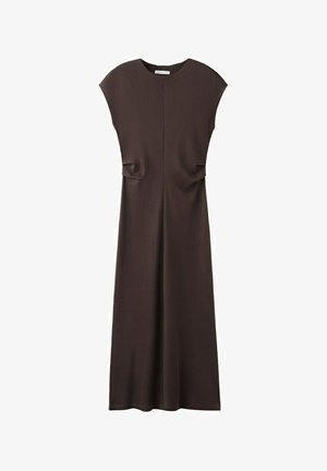 Tamnosmeđa midi haljina bez rukava s okruglim izrezom i suptilnim naborima oko struka, ravnog kroja i jednostavnog dizajna.