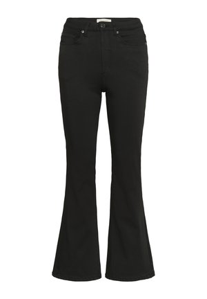 Jeans noir taille haute évasés avec poches avant, passants de ceinture et fermeture par bouton.