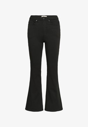 Black high-waist flare jeans with front pockets, belt loops, and button closure.