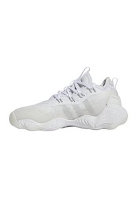 Weiße Sportschuhe mit glattem Stoff und Gummisohle, die dezente graue Akzente, ein strukturiertes Obermaterial und ein traditionelles Schnürsystem aufweisen.