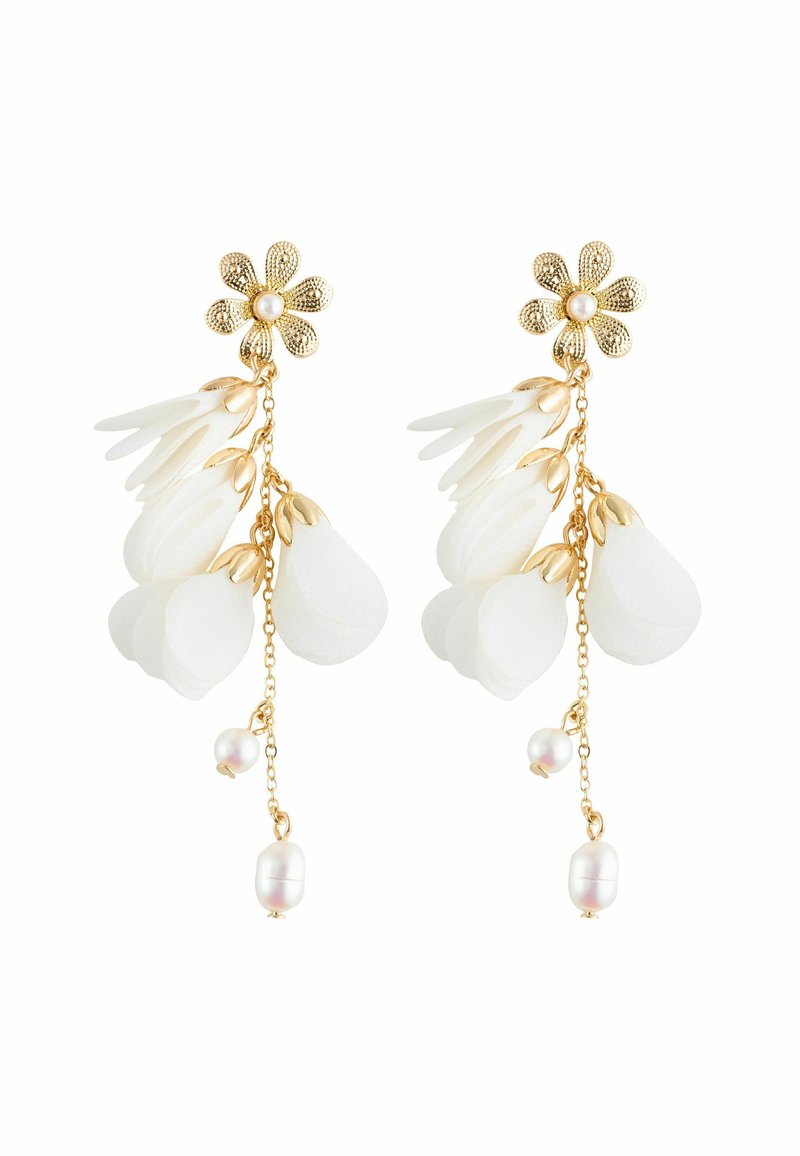 White flower-shaped drop earrings feature gold hardware, cascading petal-like layers, and small pearl accents. Elegant and lightweight design.
