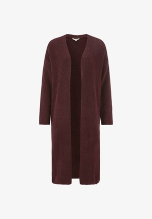 Burgundin pitkä neuletakki, joka on valmistettu pehmeästä, teksturoidusta neuleesta, avoimella etuosalla ja kolmanneksen pitkillä hihoilla, tarjoten rennon siluetin.