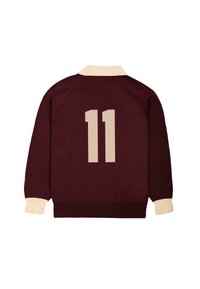 Maroon long-sleeve sweater with beige collar and cuffs, featuring large beige number 11 on the back.