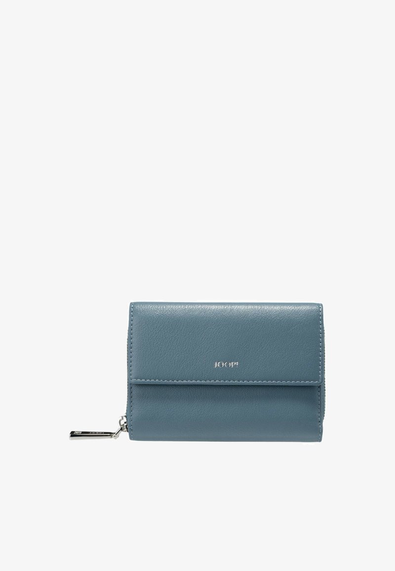 Blue leather wallet with a textured surface, fold-over design, silver logo, and zippered closure. Compact rectangular shape.