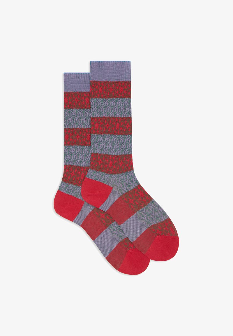 Multicolored socks featuring patterned bands of red, green, and purple. Made of soft fabric with a ribbed cuff and accented toe.