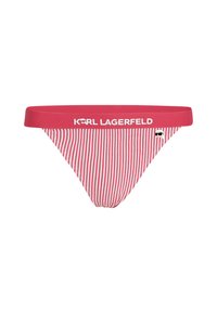 Rood-wit gestreepte bikini met een effen rode tailleband. Bevat "KARL LAGERFELD" merkbranding en een klein grafisch detail. Soepele stoftextuur.