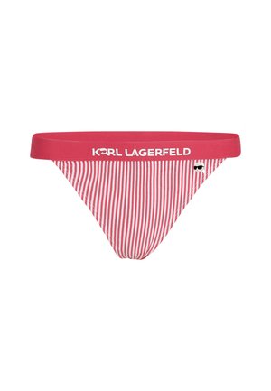 Rdeče in bele pruge bikini z enotnim rdečim pasom. Ima blagovno znamko "KARL LAGERFELD" in majhen grafični detajl. Gladka tekstura tkanine.