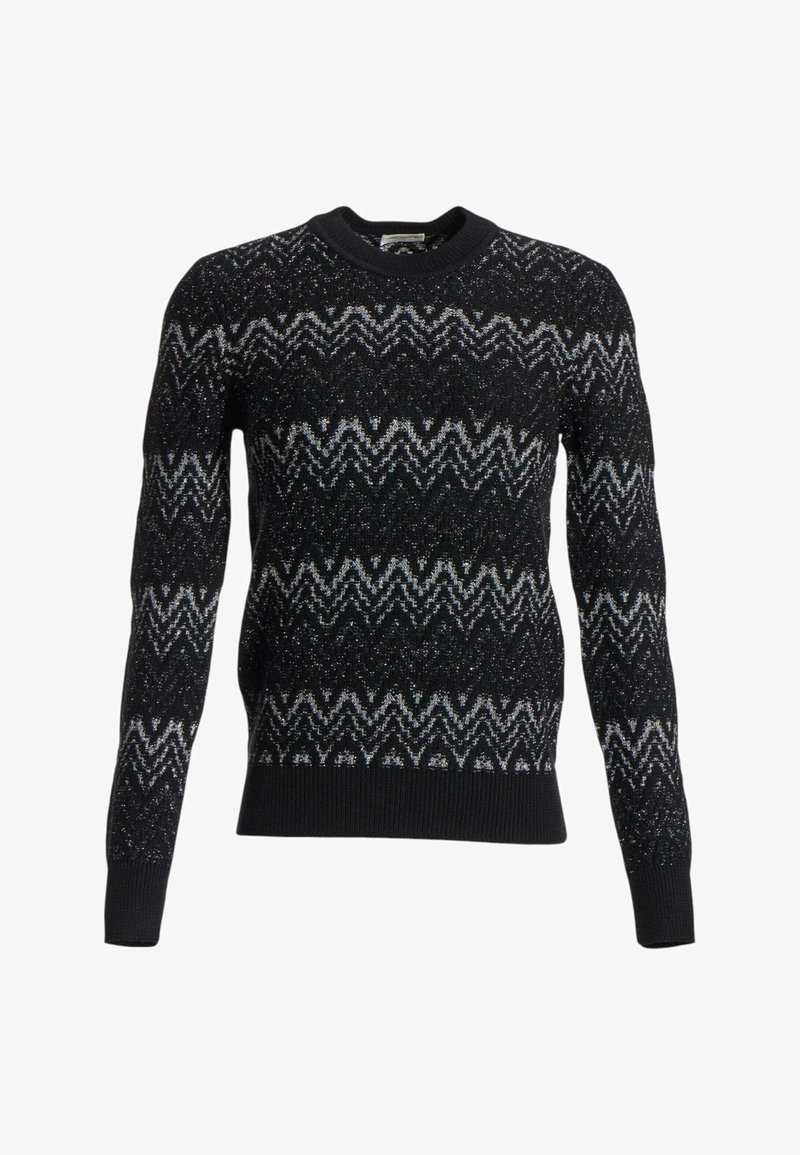 Pull noir à manches longues avec motifs tricotés en zigzag blancs et col rond.
