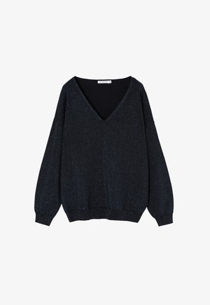 Pulover negru cu decolteu în V, cu o croială lejeră, realizat dintr-un material texturat și strălucitor. Are manșete și tiv ribbate.