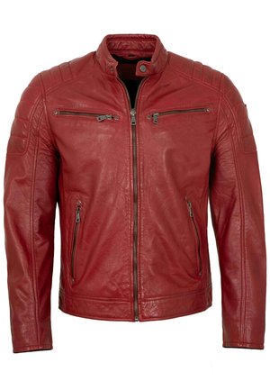 Rote Leder-Bikerjacke mit gesteppter Schulterpartie, Frontreißverschluss, Druckknopfkragen und vier Reißverschlusstaschen.