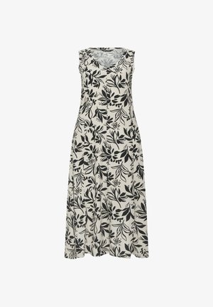 Mouwloze, beige jurk met V-hals en zwart bloemen- en bladmotief, midi-lengte, luchtige stof.