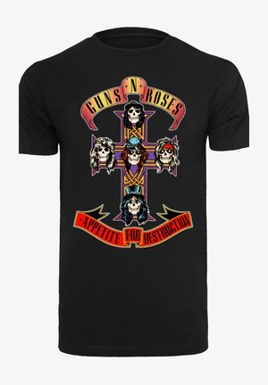 Schwarzes T-Shirt mit einem farbigen Grafiken von Totenköpfen und einem Kreuzdesign. Der Text lautet "Guns N' Roses" und "Appetite for Destruction."