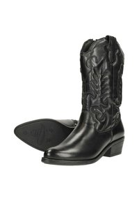Zwarte leren cowboylaarzen met decoratieve stiksels, spitse neus en licht verhoogde blokhak. Rubber zool met sterpatroon detail.