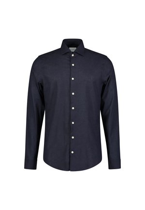Camicia a maniche lunghe blu navy in tessuto liscio, dotata di una chiusura con bottoni completa, colletto a punta e polsini con bottoni. Senza motivi visibili.