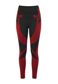 Black and red leggings made of stretchy material featuring a bold graphic pattern and ribbed texture, with a high waistband for support.