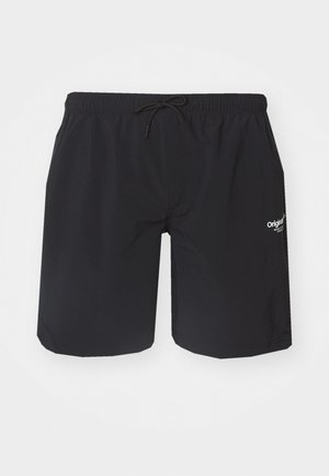 Czarne spodenki kąpielowe wykonane z lekkiego materiału, z elastycznym paskiem w talii z sznureczkiem, kieszeniami bocznymi oraz małym detalem logo.