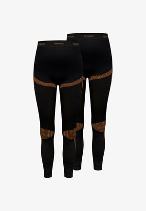 Leggings in black with orange accents. Features a breathable design with striped patterns around the knees and waistband, made of stretchy fabric.