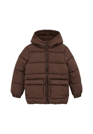 Chaqueta puffer marrón con capucha, cierre de cremallera y dos bolsillos frontales. Presenta un diseño acolchado y puños elásticos para mayor calidez.